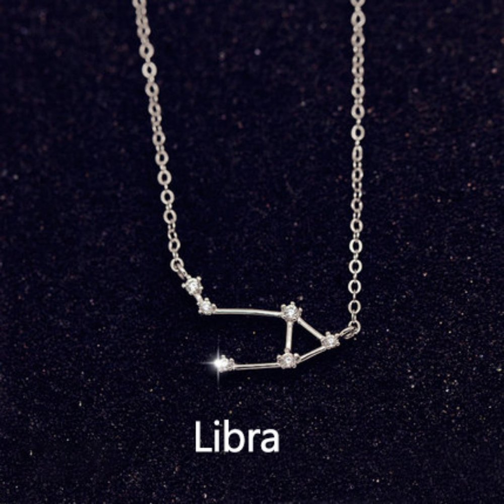 925 Sterling Silver Diamond Zodiac Necklace--Libra